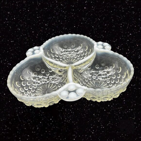 Anchor Hocking Opalescent Moonstone Relish Candy Dish Divided Bowl 1.5”T 6.5”W - Picture 11 of 12